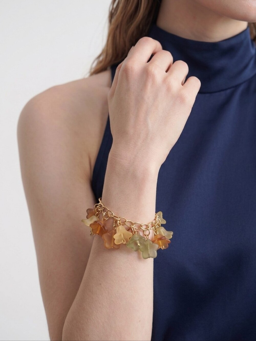 Charming Handcrafted Floral Charm Bracelet with Goldtone Chain 7" Long